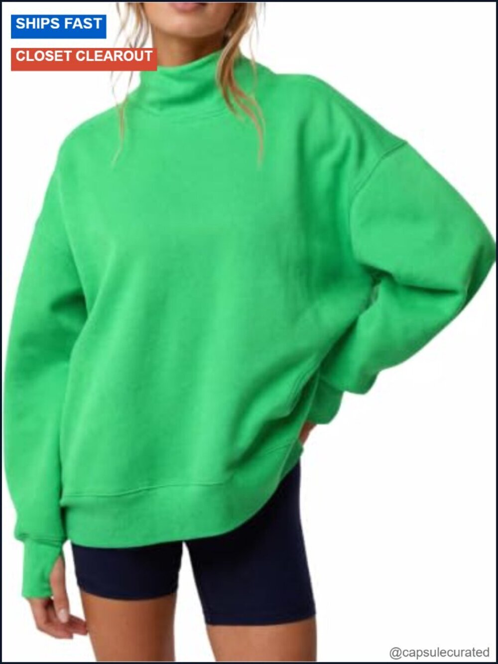 Oversized Mock Neck Pullover Sweatshirt with Thumb Holes Drop Shoulder